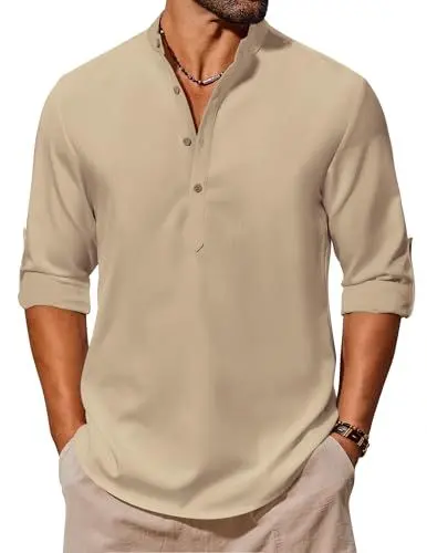 Produktbild: COOFANDY Henley Shirt Herren Langarm Leicht Sommerhemd Freizeithemd Strandhemd Henley Hemd Regular Fit Urlaubshemd Casual Beach Hemd Khaki 3XL