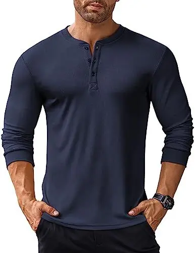 Produktbild: COOFANDY Henley Shirt Herren Langarm Longsleeve T Shirt mit Knopfleiste Langarmshirt Henley T Shirt Long Sleeve Shirt Henley Pullover Dunkelblau 3XL