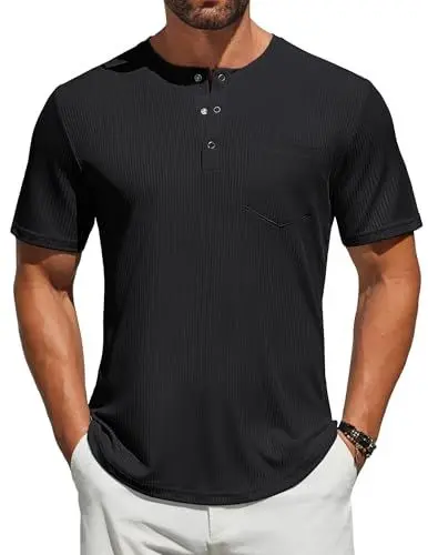 Produktbild: COOFANDY Henley T-Shirt für Herren Kurzarm Geripptes Sommer T Shirt mit Tasche Knopfleiste Casual Tee Schwarz M