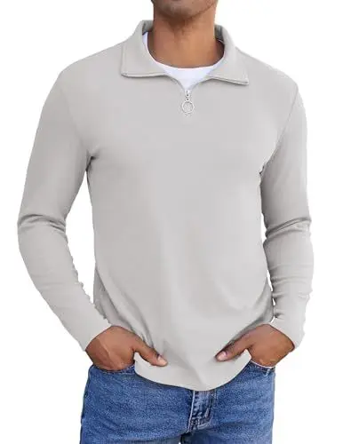 Produktbild: COOFANDY Herren 1/4 Zip Sweatshirt Sweater Troyer Longsleeve Sport Langarmshirts Poloshirt Herren Langarm T Shirts Polo Sweatshirt Casual Pullover Ohne Kapuze Hellgrau L