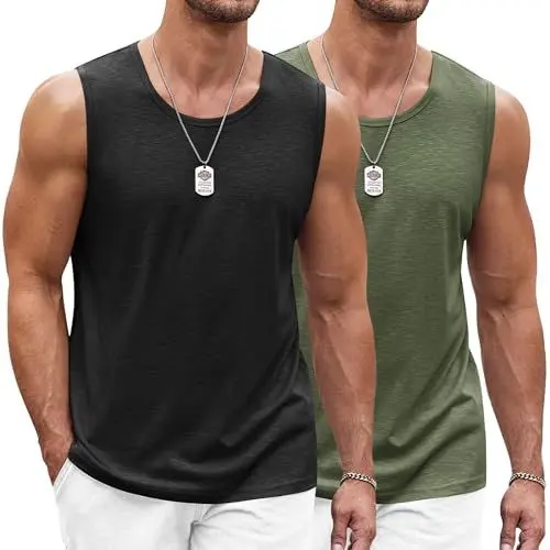 Produktbild: COOFANDY Herren 2er Pack Tank Top Gym Bodybuilding Shirts Ärmellose Muskelshirts Männer Gym Sleeveless Workout Tankshirt Funktionsshirts Sports Fitness Schwarz/Militärgrün XL