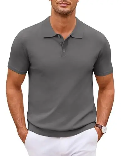 Produktbild: COOFANDY Herren Basic Strick Poloshirt Regular Fit Freizeit Polohemd Sommer Golf Shirt Kontras Polokragen T-Shirt Dunkelgrau M