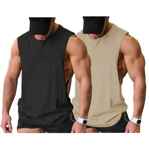Produktbild: COOFANDY Tank Top Herren Gym Cut Off Muscle Shirts Fitness Muskelshirts Ärmelloses Shirt Schwarz Hell Khaki 2 Stück L