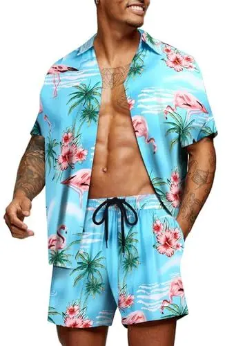 Produktbild: COOFANDY Herren Hawaii Hemd Kurzarm Hemd Flamingo Blumen Sommerhemd Floral Button Down Hawaii Shirt und Shorts Set S