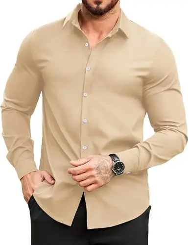 Produktbild: COOFANDY Hemd Herren Buissnes Stretch Hemd Casual Langarm Shirts Freizeit Hemd Regular Fit Langarmhemd Beige M