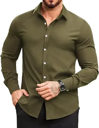 Produktbild: COOFANDY Herren Hemd Button Down Freizeithemd Regular Fit Bügelfrei Businesshemden Faltenfrei Formales Hemd Armeegrün L