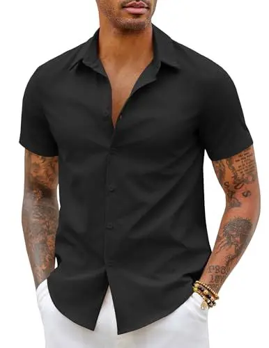 Produktbild: COOFANDY Herren Hemd Kurzarm Bügelfrei Businesshemd Herrenhemd Kurzarm Sommerhemd Freizeithemd Kurzarmhemd Einfarbig Button Down Hemd Slim Fit Büro Hemd Schwarz S