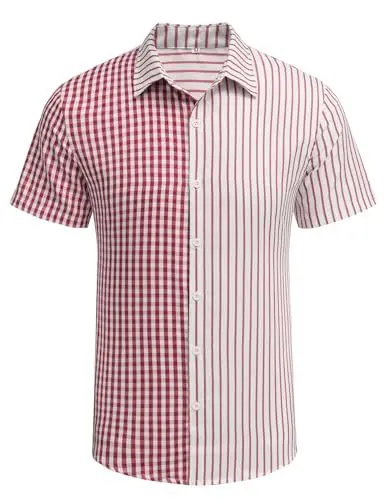 Produktbild: COOFANDY Herren Hemd Kariertes Patchwork Getreift Kurzarm Freizeithemd Sommer Urlaub Casual Regular Fit Button Down Trachtenhemd Rot L