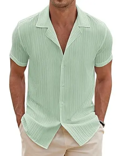 Produktbild: COOFANDY Herren Hemd Kurzarm Wellenstreifen Sommerhemd Regular Fit Freizeithemd Hawaiihemd Guayabera Hemden Casual Shirt Ice Grün L