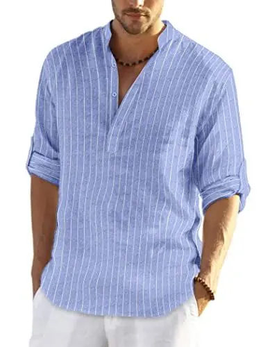 Produktbild: COOFANDY Herren Hemd Kurzarm Freizeithemd Leinenhemd Sommer Kurzarmhemd Basic Shirt for Männer Slim Fit Blaue Streifen M