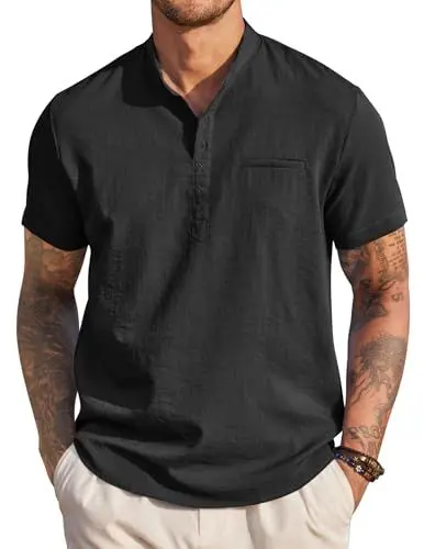Produktbild: COOFANDY Herren Hemd Kurzarm Sommer Hemd Stehkragen Freizeithemden Strandhemd Beach Shirt Kurzarmhemd Sommer Shirt Regular Fit Schwarz XL