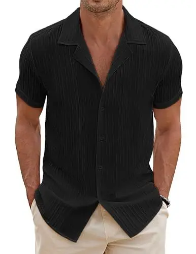 Produktbild: COOFANDY Herren Kurzarm Hemd Guayabera Sommerhemd Kubanischer Kragen Hawaii Hemden Männer Button Down Textured Shirt Schwarz L