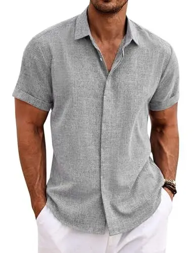 Produktbild: COOFANDY Herren Hemd Kurzarm Hemd Baumwolle Gestreiftes Sommerhemd Button down Freizeithemd Sommer Shirts Grau L