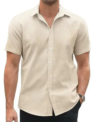 Produktbild: COOFANDY Herren Hemd Kurzarm Herren Sommer Freizeithemd Leinenhemd Baumwolle Party Strand Urlaub Hemd Businesshemd Casual Shirt Khaki XXL