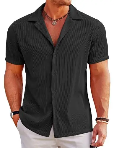 Produktbild: COOFANDY Herren Hemd Kurzarm Leichtes Sommerhemd Freizeithemd Strandhemd Kurzarmhemd Bügelfrei Urlaubhemd Hawaii Hemd Männer Schwarz XL