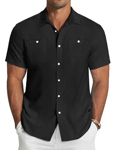 Produktbild: COOFANDY Herren Hemd Kurzarm Leinenhemd Sommer Slim fit Bügelfrei Freizeit Kurzarmhemd mit Tasche Schwarz XL