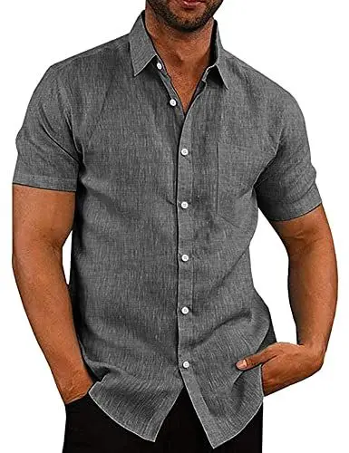 Produktbild: COOFANDY Herren Hemd Kurzarm Regular Fit Leinenhemd aus Baumwollmischung Kurzarmhemd Businesshemd Freizeithemden Sommer Hemden Schwarz 2XL