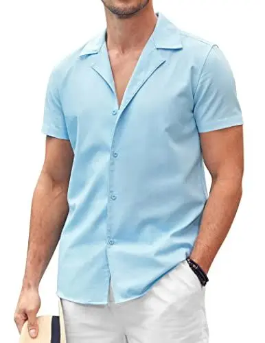 Produktbild: COOFANDY Herren Hemd Kurzarm Sommer Urlaub Freizeithemden Businesshemd Casual Outdoor Leinenshirt Für Männer Hellblau M