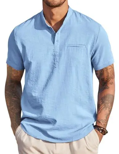 Produktbild: COOFANDY Herren Hemd Kurzarm Sommerhemd Kurzarmhemd Freizeithemden Leichtes Sommerhemd Strandhemd Männer Hemd Basic Shirt Regular Fit Mit Leinenoptik Hellblau M