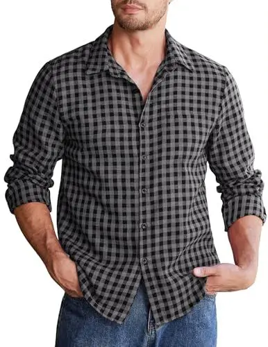Produktbild: COOFANDY Herren Hemd Langarm Kariertes Freizeithemd Männer Regular Fit Casual Baumwolle Langarmhemd Basic Karo Shirt Schwarz-Grau M
