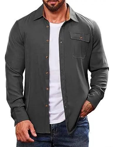 Produktbild: COOFANDY Flanellhemden Herren Langarm Einfarbig Knopf Hemd Slim Fit Freizeithemden Grau M