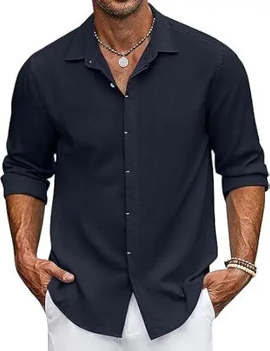 Produktbild: COOFANDY Herren Hemd Langarm Herren Leinenhemd Langarmshirt Freizeithemden Casual Regular Fit Herbst Persisches Blau L