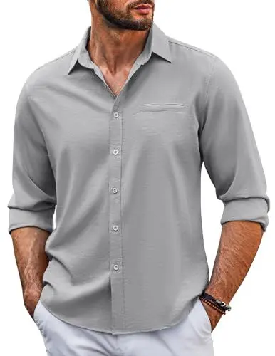 Produktbild: COOFANDY Hemd Herren Langarm Leinenhemd mit Brusttasche Freizeithemden für Herren Einfarbig Basic Shirts Herbst Hellgrau M