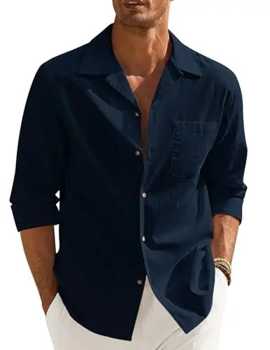 Produktbild: COOFANDY Herren Hemd Langarm Sommer Baumwolle Leinenhemd Langarmhemd Casual Party Strand Hemd Hawaiihemd Navyblau L