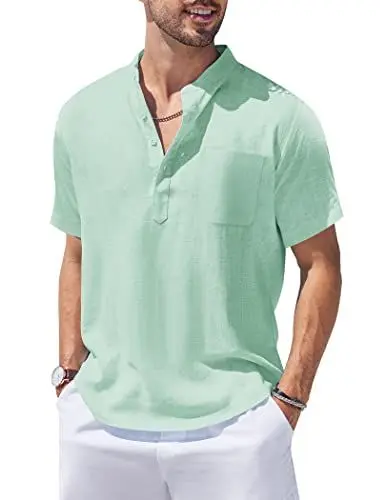 Produktbild: COOFANDY Herren Hemd aus Baumwolle und Leinenhemd Kurzarm Shirt Hippie lässig Henley Strand-T-Shirts mit Tasche Grün M