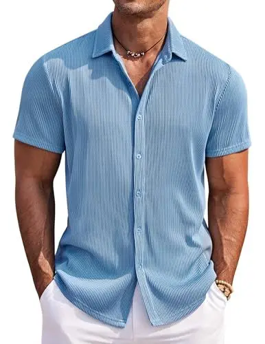 Produktbild: COOFANDY Herren Hemden Kurzarm Bügelfrei Kurzarmhemd Sommer Freizeithemd Casual Button Down Männer Strand Hawaiihemd Shirts Blau M