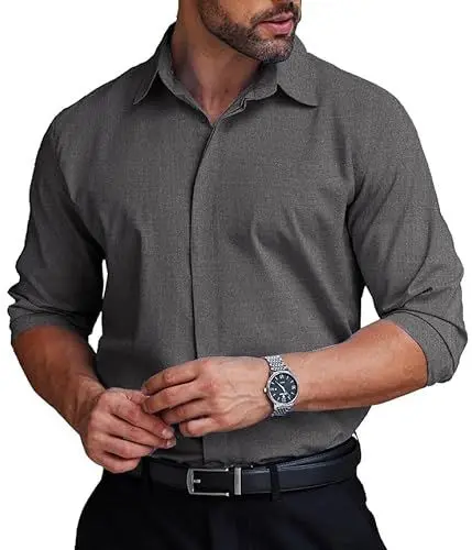 Produktbild: COOFANDY Herren Hemden Langarm Business Freizeithemd Hemden Bügelleicht leicht Stretch Hidden Buttons Formales Herrenhemden Dunkelgrau L