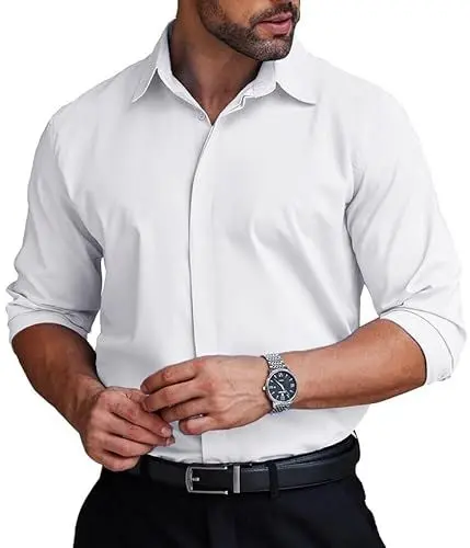 Produktbild: COOFANDY Herren Hemden Langarm Business Freizeithemd Hemden Bügelleicht leicht Stretch Hidden Buttons Formales Herrenhemden Weiß L