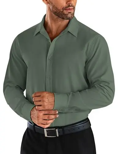 Produktbild: COOFANDY Herren Hemd Langarm Stretch Button Down Bügelleichtes Hemden Regular Fit Kent-Kragen Schmutzabweisend Businesshemd Grün XL