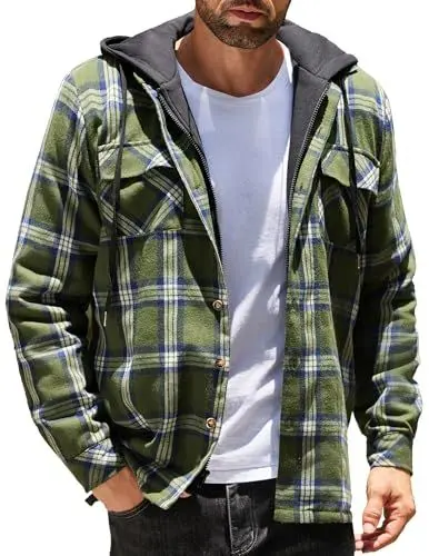 Produktbild: COOFANDY Herren Hemdjacke Karierte Jacke Holzfällerhemd Gefüttert Holzfäller Jacke Flanell Jacke Winterhemd Baumwolle Übergangsjacke mit Kapuze Sweatjacke Hellgrün S