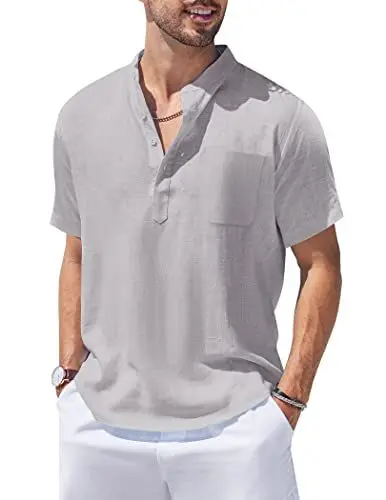 Produktbild: COOFANDY Herren Henley Hemd aus Leinen Kurzarm Shirt Cocktail lässig Strand-T-Shirts mit Tasche Grau L