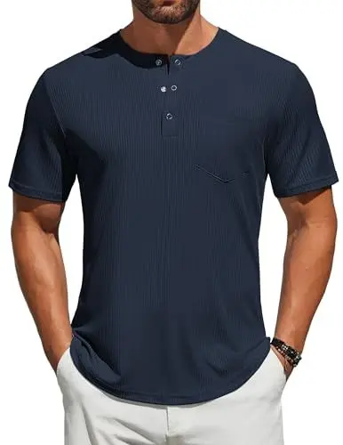Produktbild: COOFANDY Herren Henley Shirt Männer T-Shirt Geripptes Kurzarm Sommer Shirt mit Tasche Knopfleiste Basic Tee Blauviolett L