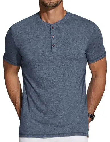 Produktbild: COOFANDY Herren Henley T-Shirt Kurzarm Tshirt mit Knopfleiste Henley T-Shirts Sommer Freizeit T Shirt Basic Tshirts Solid Dunkel Blau XL