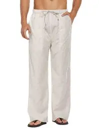 Produktbild: COOFANDY Herren Hose Lang Leinenhose Herrenhose Lang Sommerhose mit Gummizug Freizeithose für Herren Strandhose Blickdicht Leinen Hose Männer Khaki L