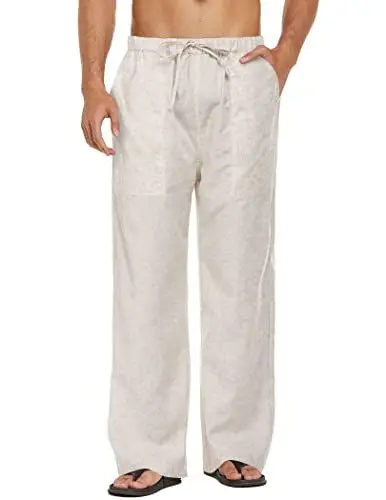 Produktbild: COOFANDY Herren Hose Lang Leinenhose Herrenhose Lang Sommerhose mit Gummizug Freizeithose für Herren Strandhose Blickdicht Leinen Hose Männer Khaki L