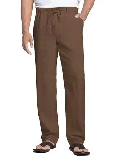 Produktbild: COOFANDY Herren Hose Lange Leinenhose mit Kordelzug Leicht Sommerhose Baumwoll Strandhose Freizeithose Stoffhose Gummibund Herrenhose Lässige Dunkler Kaffee S