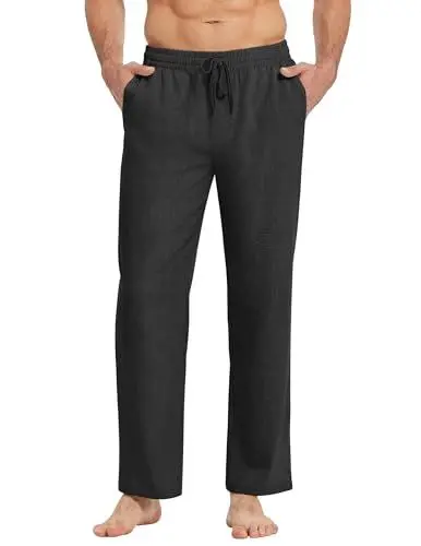 Produktbild: COOFANDY Herren Hose mit Kordelzug Leinenhose Leichte Sommerhose Strandhose Freizeithose Elastische Taille Lang Dünne Hosen Männer Stoffhose Hose mit Taschen Schwarz XL