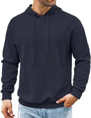 Produktbild: COOFANDY Herren Kapuzenpullover Männer Hoodie Waffle Langarmshirt Basic Sport Sweatshirt mit Taschen Hooded Blauviolett M