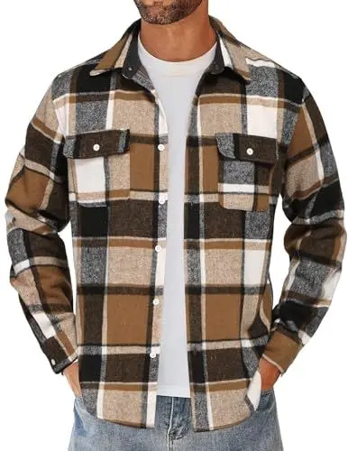 Produktbild: COOFANDY Herren Kariertes Hemd Regular Fit Langarm Herrenhemden Freizeithemd Regular Fit Businesshemd Flanellhemd Motorrad Hemdjacke Plaid-Khaki Schwarz Weiß XXL