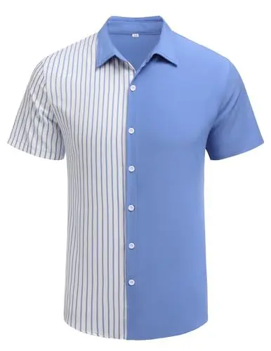 Produktbild: COOFANDY Herren Kurzarm Gestreiftes Patchwork Hemd Sommer Casual Button Down Freizeithemd Urlaub Shirts Regular Fit Hellblau M