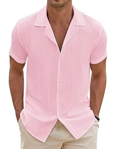 Produktbild: COOFANDY Herren Kurzarm Hemd Kubanischer Kragen Hemden Leichetes Sommerhemd Wellenstreifen Freizeithemd Männer Hawaiihemd Guayabera Shirt Mittel Rosa L