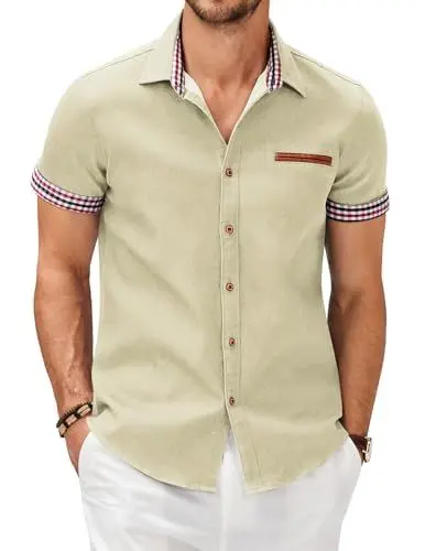 Produktbild: COOFANDY Herren Kurzarm Hemd Sommer Jeanshemd Denim Shirt Kariert Kent-Kragen Sommerhemd Regular Fit Kurzarmhemd Business Hemd für Herren Baumwollhemd Modern Helles Khaki XXL