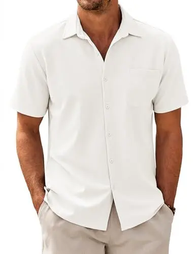 Produktbild: COOFANDY Herren Kurzarm Hemd Regular Fit Hemden mit Tasche Männer Freizeithemd Sommerhemd Casual Textured Shirt Arbeitshemd Weiß L