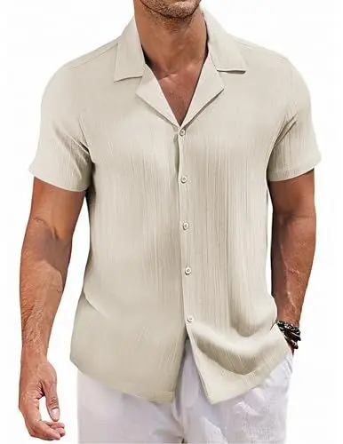Produktbild: COOFANDY Herren Kurzarmhemd Kuba Kragen Hemd Kurzarm Casual Freizeithemd Männer Haiwaiihemd Gestreiftes Guayabera Shirt Creme Beige L