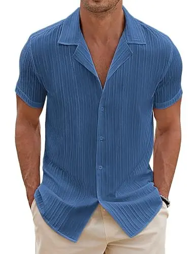 Produktbild: COOFANDY Herren Sommerhemd Gestreiftes Kurzarm Hemden Kuban Kragen Männer Hawaiihemd Freizeithemd Regular Fit Guayabera Shirt Navy XXL