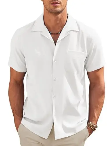 Produktbild: COOFANDY Herren Kurzarmhemd Regular Fit Sommerhemd Rayon Freizeithemd Cuban Kragen Hawaiihemd Männer Hemden mit Tasche Casual Weiß L